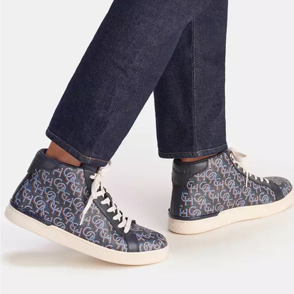 COACH Mens Clip High Top Sneaker With Coach Monogram Print Navy Sz 11.5